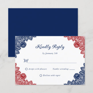 Navy Blue and Red Rustic Floral Lace Wedding RSVP Card