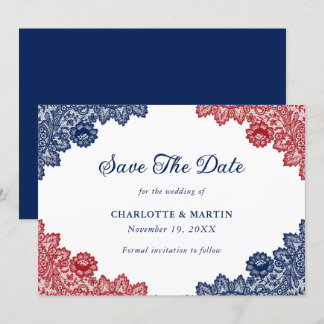 Navy Blue and Red Rustic Floral Lace Wedding Save The Date
