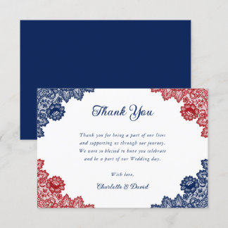 Navy Blue and Red Rustic Floral Lace Wedding Thank You Card