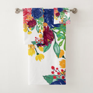 Navy Blue and Red watercolor boho chic Flowers Bath Towel Set