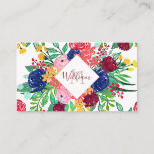 Navy Blue and Red watercolor boho chic Flowers Business Card