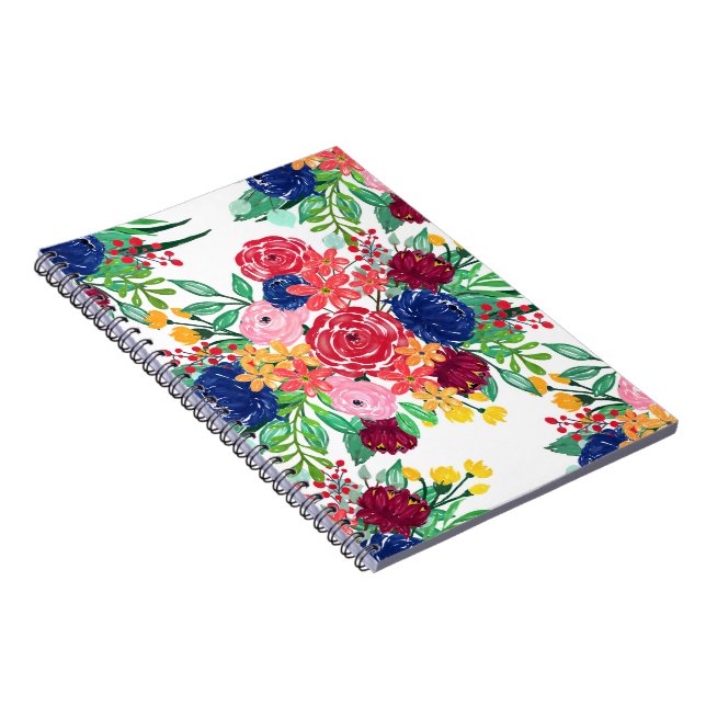 Navy Blue and Red watercolor boho chic Flowers Notebook (Right Side)