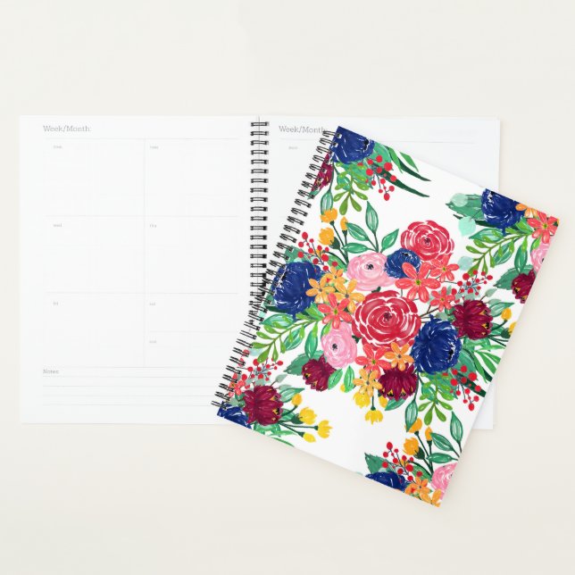 Navy Blue and Red watercolor boho chic Flowers Planner (Display)
