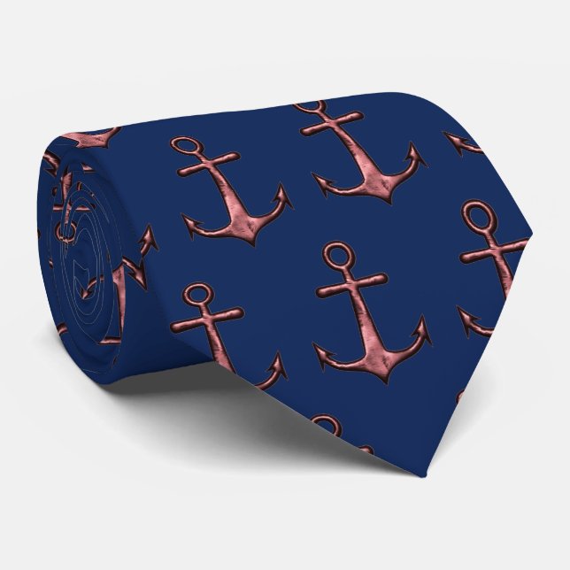 Navy Blue and Rose Gold Anchor Nautical Tie (Rolled)
