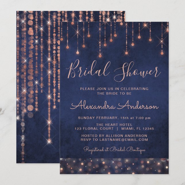 Navy Blue and Rose Gold Bridal Shower Invitation (Front/Back)