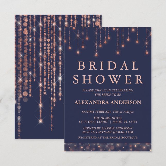 Navy Blue and Rose Gold Bridal Shower Invitation (Front/Back)