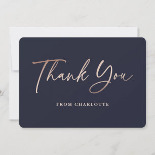 Navy Blue and Rose Gold Elegant Script Thank You Card