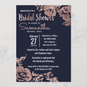 Navy Blue and Rose Gold Floral Bridal Shower Invitation