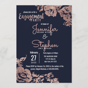 Navy Blue and Rose Gold Floral Engagement Party Invitation