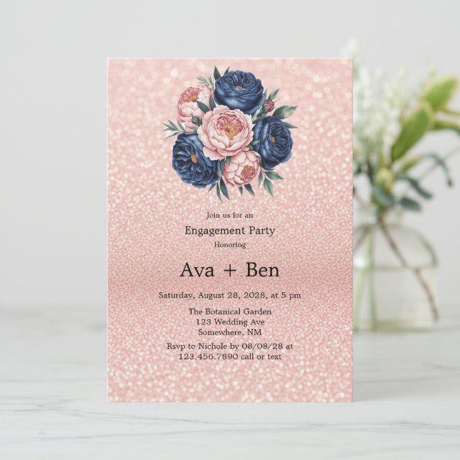 Navy Blue and Rose Gold Floral Engagement Party Invitation (Standing Front)