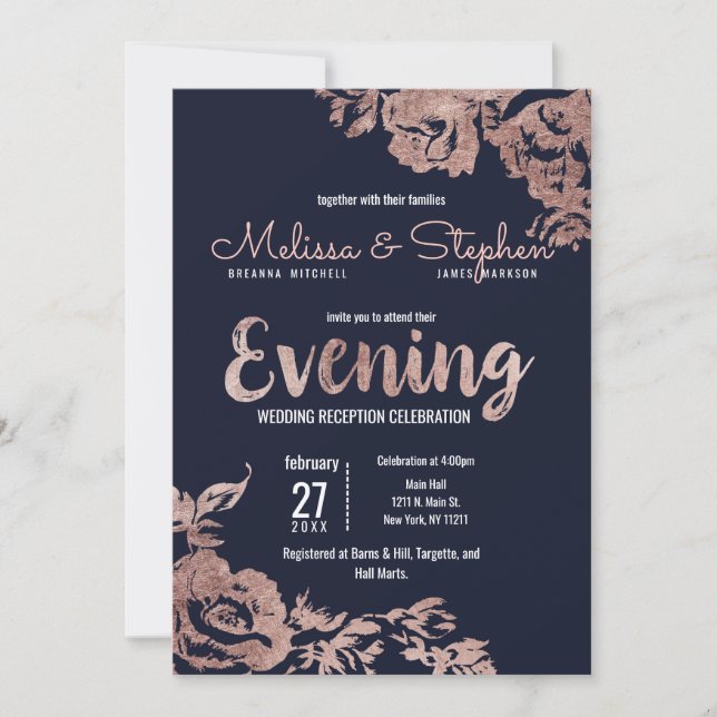 Navy Blue and Rose Gold Floral Evening Invitation (Front)