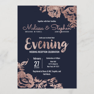 Navy Blue and Rose Gold Floral Evening Invitation