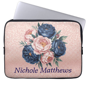 Navy Blue and Rose Gold Floral Laptop Sleeve