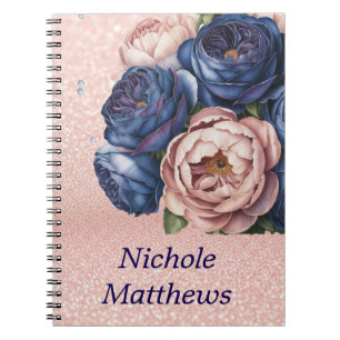 Navy Blue and Rose Gold Floral Notebook