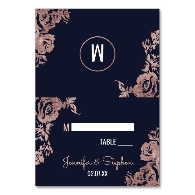 Navy Blue and Rose Gold Floral Place Cards (Front)