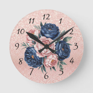Navy Blue and Rose Gold Floral Round Clock