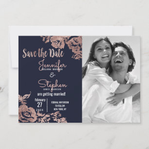 Navy Blue and Rose Gold Floral Save the Date