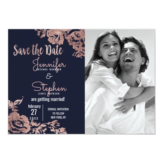 Navy Blue and Rose Gold Floral Save the Date Card