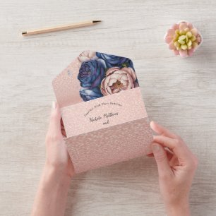 Navy Blue and Rose Gold Floral Wedding  All In One Invitation