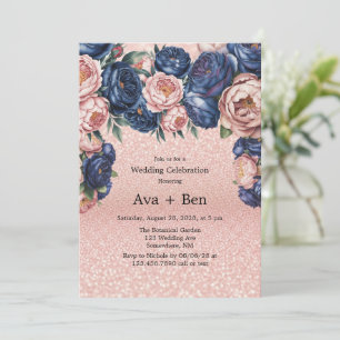 Navy Blue and Rose Gold Floral Wedding Celebration Invitation