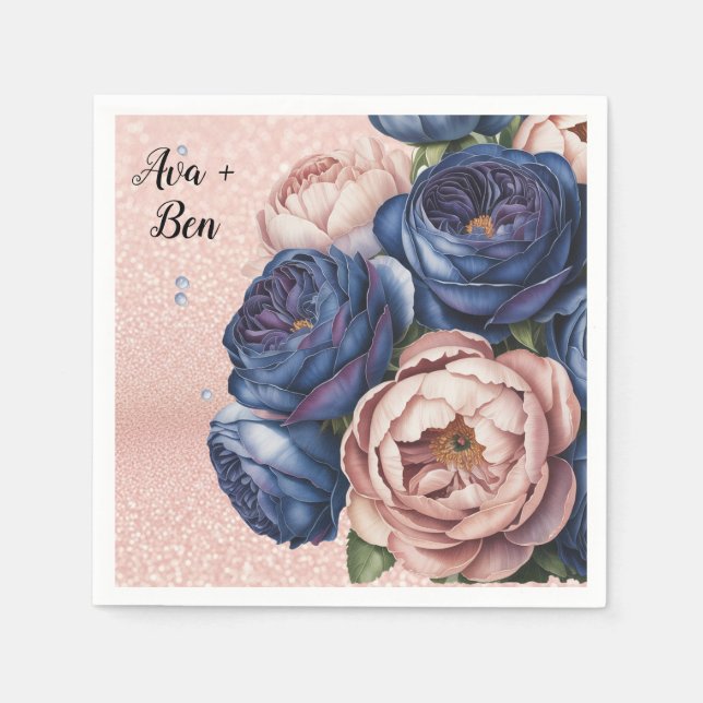 Navy Blue and Rose Gold Floral Wedding  Napkin (Front)