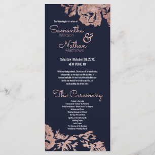 Navy Blue and Rose Gold Floral Wedding Program