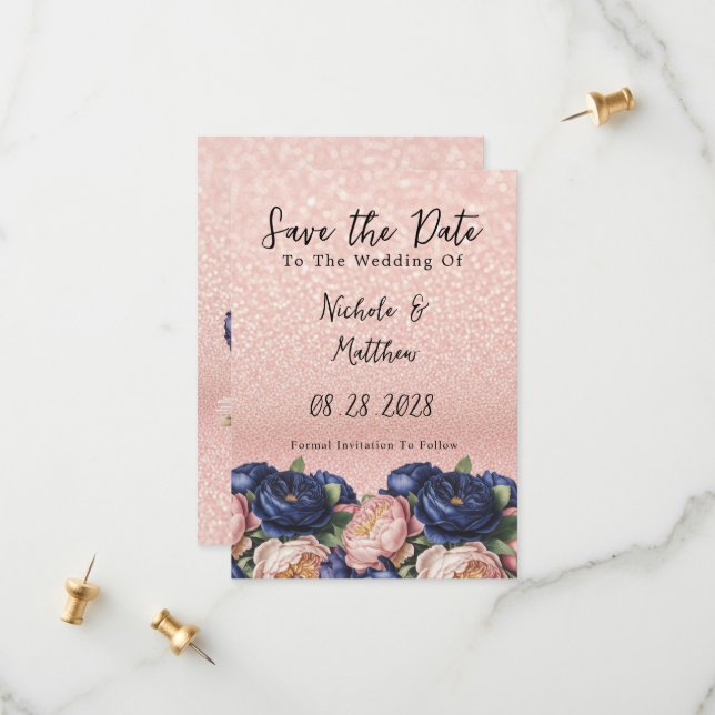 Navy Blue and Rose Gold Floral Wedding  Save The Date (Front/Back In Situ)