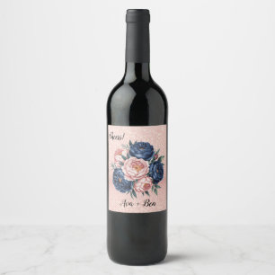 Navy Blue and Rose Gold Floral Wedding  Wine Label