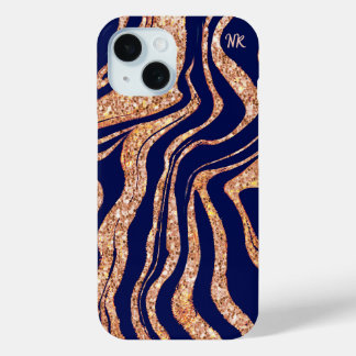   Navy Blue And Rose Gold Glitter Zebra Monogram iPhone 15 Case