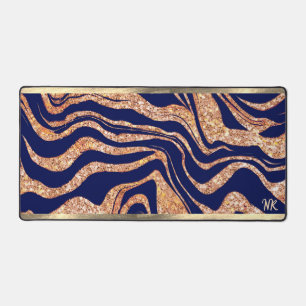   Navy Blue And Rose Gold Glitter Zebra Monogram Desk Mat