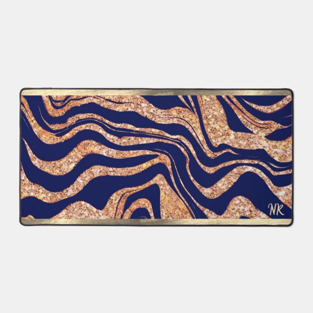   Navy Blue And Rose Gold Glitter Zebra Monogram Desk Mat (Front)