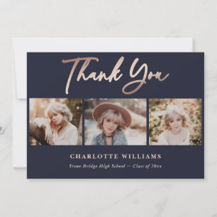 Navy Blue and Rose Gold Photo Collage Graduation Thank You Card