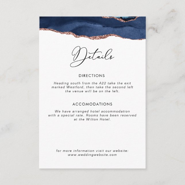 navy blue and rose gold wedding details card (Front)