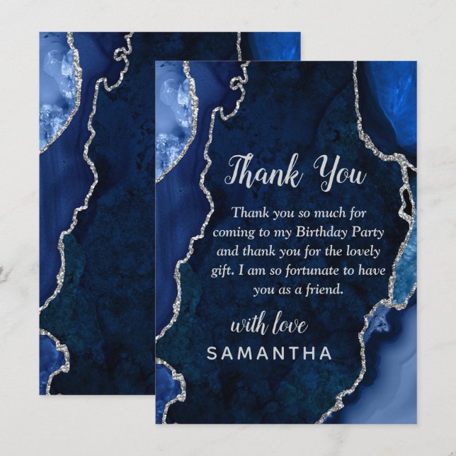 Navy Blue and Silver Agate Birthday Party Thank You Card (Front/Back)