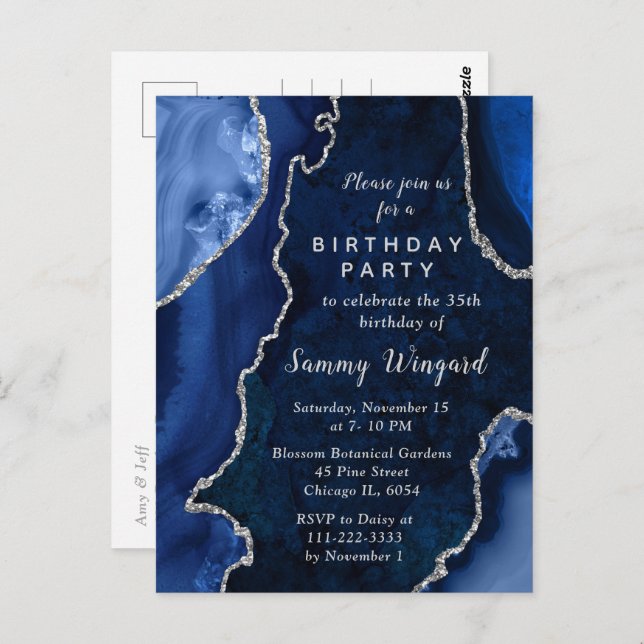 Navy Blue and Silver Agate Marble Birthday Party Postcard (Front/Back)