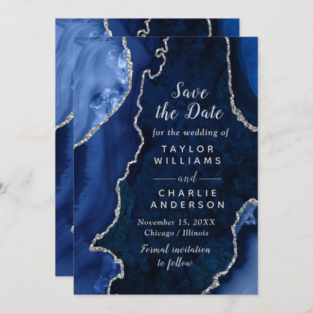 Navy Blue and Silver Agate Marble Save The Date Invitation (Front/Back)