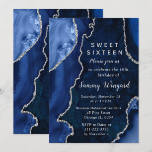 Navy Blue and Silver Agate Marble Sweet Sixteen Invitation