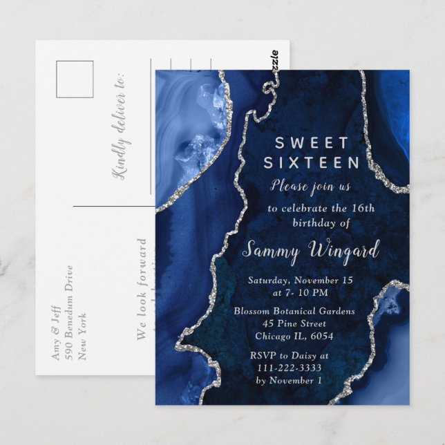 Navy Blue and Silver Agate Marble Sweet Sixteen Postcard (Front/Back)