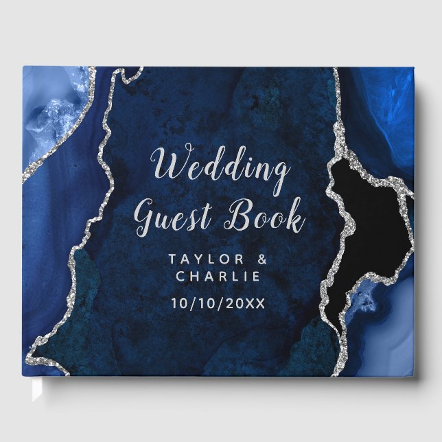 Navy Blue and Silver Agate Marble Wedding Guest Book (Front)