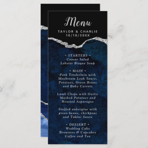 Navy Blue and Silver Agate Marble Wedding Menu
