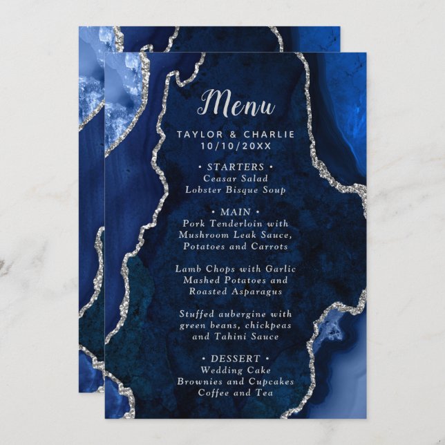 Navy Blue and Silver Agate Marble Wedding Menu (Front/Back)