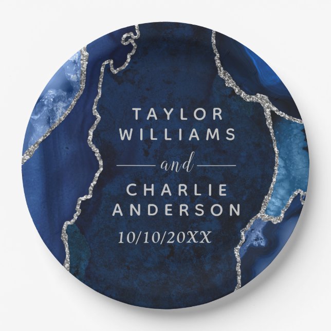 Navy Blue and Silver Agate Marble Wedding Paper Plate (Front)
