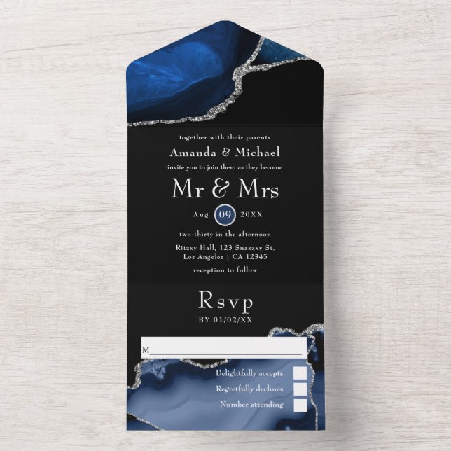 Navy Blue and Silver Agate Wedding All In One Invi Invitation (Inside)