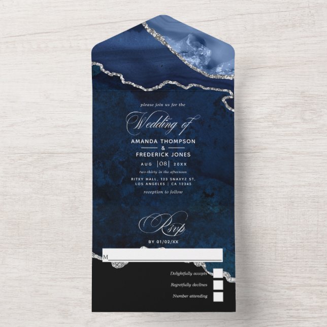 Navy Blue and Silver Agate Wedding All In One Invi Invitation (Inside)