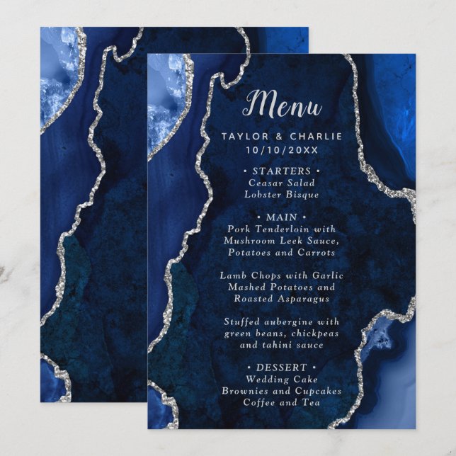 Navy Blue and Silver Agate Wedding Menu (Devant / Derrière)