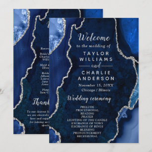 Navy Blue and Silver Agate Wedding Program
