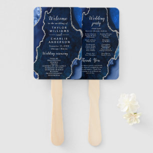 Navy Blue and Silver Agate Wedding Program Hand Fan