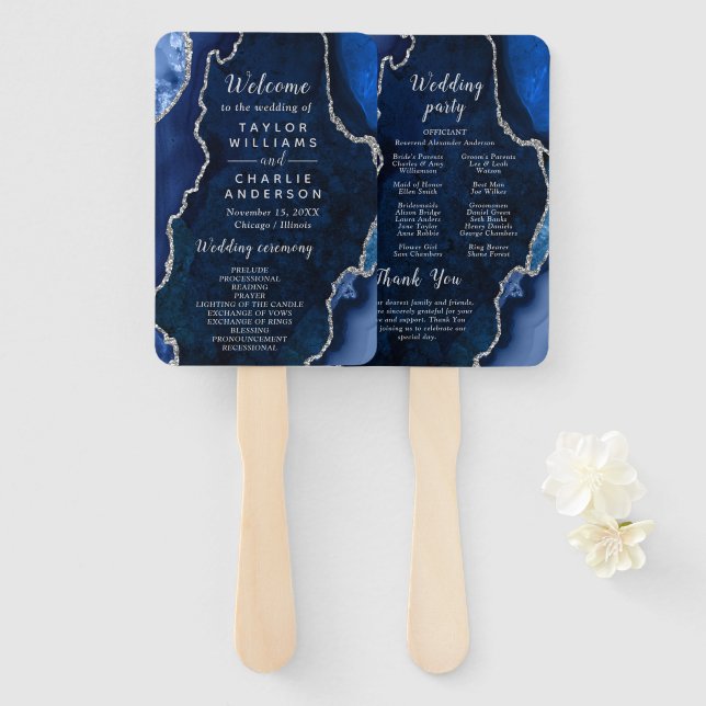 Navy Blue and Silver Agate Wedding Program Hand Fan (Front and Back)