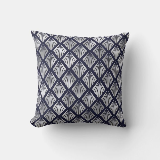 Navy Blue and Silver Art Deco Diamond Pattern Throw Pillow (Front)