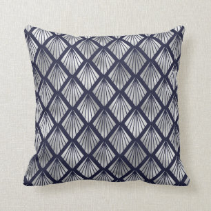 Navy Blue and Silver Art Deco Diamond Pattern Throw Pillow